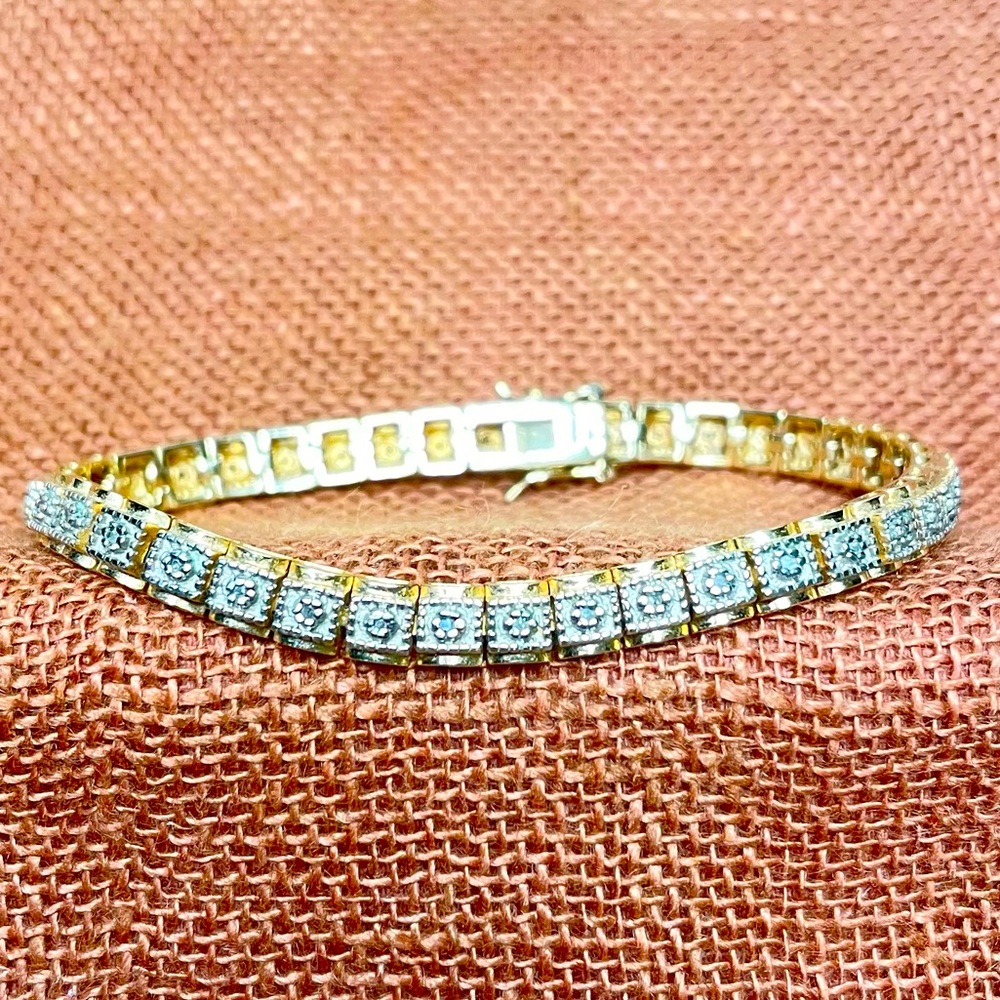✨ Vintage Ross Simons! ✨ Silver Gld Plated+ Diamond Chip Tennis Bracelet 7.25" ✨